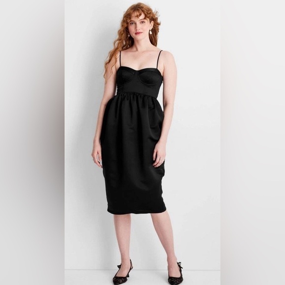 Future Collective Dresses & Skirts - Future Collective Strappy Satin Black Midi Dress Large Cocktail Formal Chic Glam
